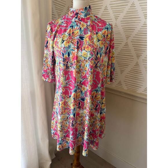 Erma’s Closet Women’s Medium Moc Neck Pink Tropical Floral Dress - Picture 1 of 6